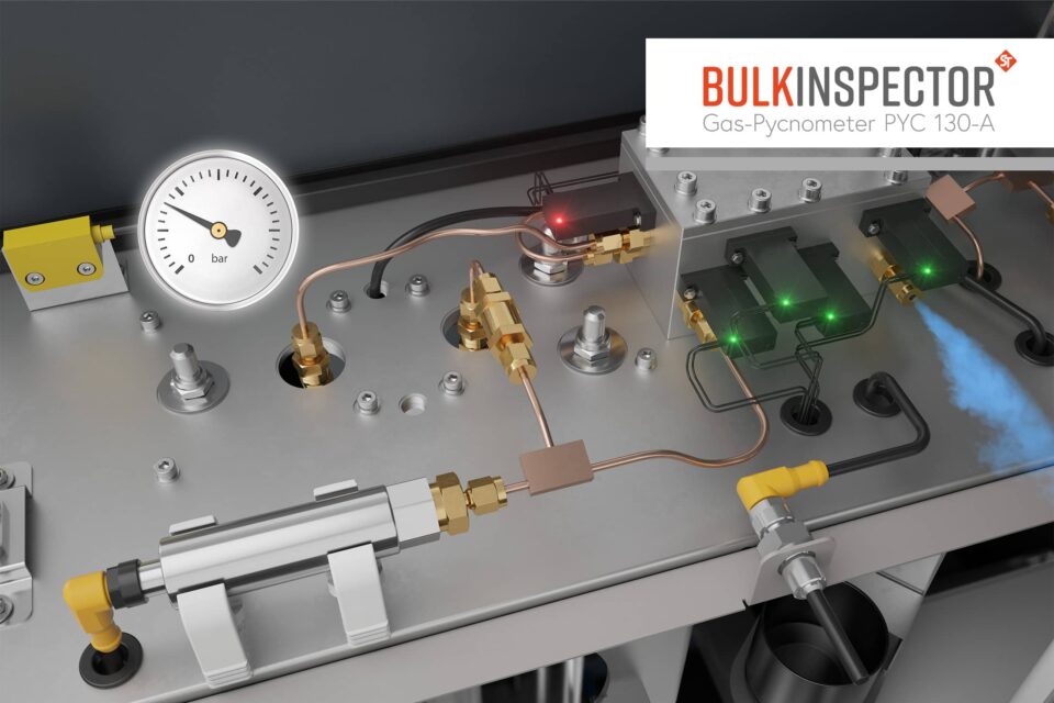 Animation of the function of the BULKINSPECTOR, here you can see the measuring unit of the density meter. A density determination is taking place, a manometer shows the pressure. The shown measuring unit consists among others of the measuring cell, the expansion volume, the temperature sensors and the pressure sensors.