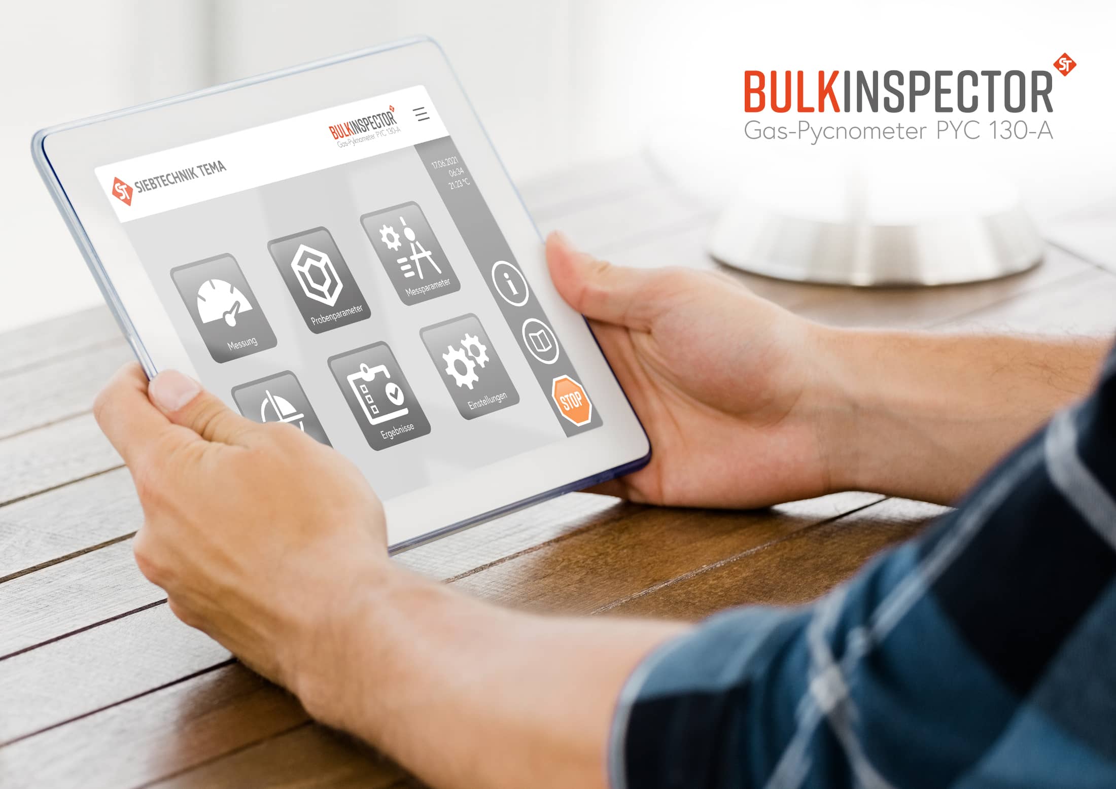 A person operates the BULKINSPECTOR pycnometer via tablet, it shows the start menu. Here you can choose whether you want to make a measurement, set the sample parameters or measurement parameters, calibrate the device, display the results or change general settings.